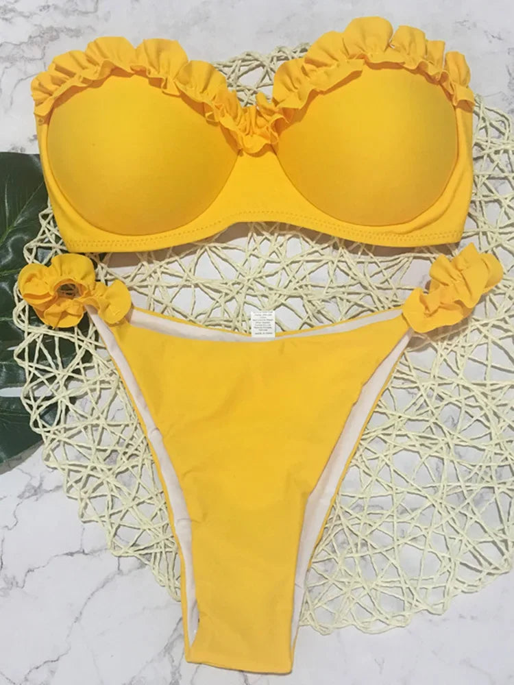Ruffled Bra Cup Bikinis 2025 Bandeau Bikinis Women Swimsuit Female Swimwear Two Pieces Bikini Set High Cut Bathing Suit Swim