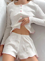 Women's Pajamas Set Soft Comfortable Knitted Long Sleeve Top Shorts Loungewear Heart Print Comfortable Homewear