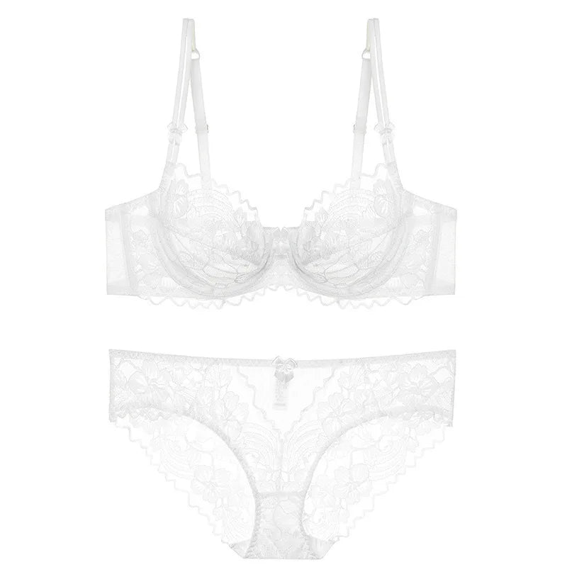 French Lace Lingerie Set Women Ultra Thin Sexy Underwire Bra&Panty Push Up Gather Breasts Pure Desire Large Breasts Support