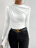 Casual Pleated Mock Neck Long Sleeve T-shirt for Women Autumn Winter Spring Solid Color Ruched Skinny Slim Fit Blouse Top Tshirt