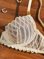 French Style Beige Lace Bra and Panties Set Women Sexy Eyelash Lace Underwear Transparent Mesh Two Piece Lingerieeige