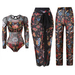 S - XXL 3PCS New Printed Long Sleeve With Pants Sarong Women Swimwear One Piece Swimsuit Female Bather Bathing Suit Swim K7180