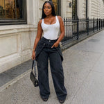 European and American style casual jeans street fashion staggered button design straight leg