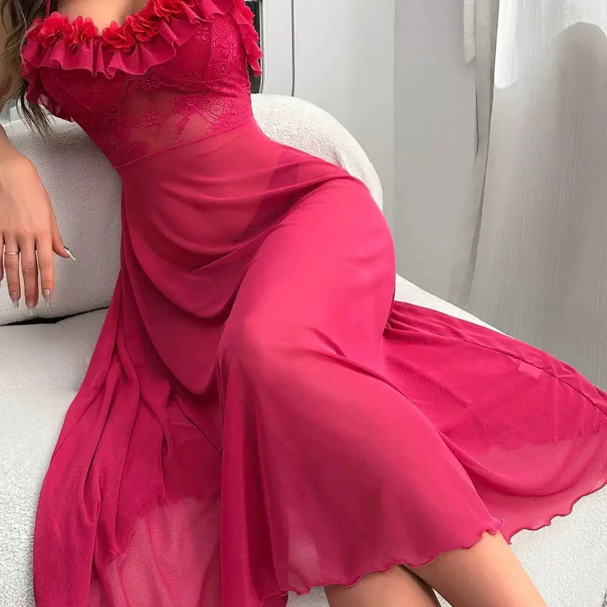 Women White Lace Ruffle Spaghetti Strap Midi Dress Ruched Flowy Wedding Guest Evening Party Dress
