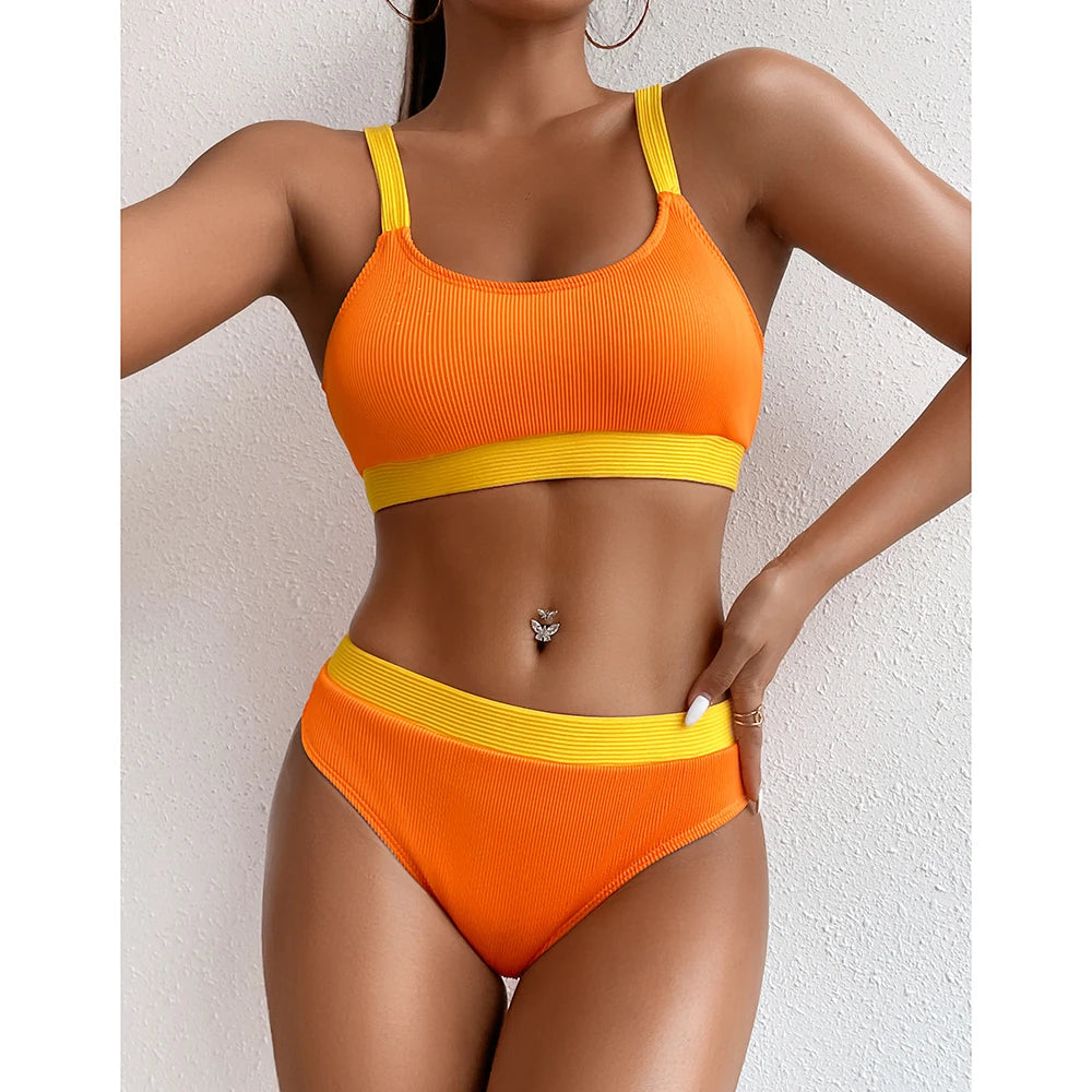 Orange High Waist Bikini 2022 Swimsuits Push Up Swimwear Women Splicing Biquini Beachwear Sexy Ribbed Bathing Suits Female New