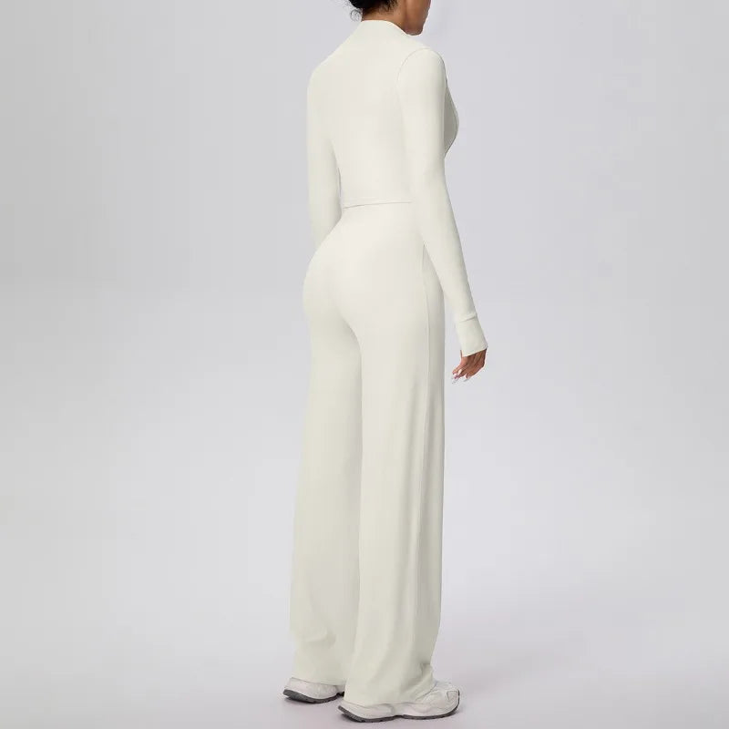 2 Pcs Women's Seamless Yoga Set Long-sleeved Wide-leg Pants Tracksuit Fitness Sports Set High-waisted Hip-lifting Slim-fit Suit