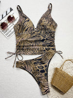 2026 Summer Women Leopard Print Swimsuit Sexy Deep V Neck Drawstring Bathing Suit Swimwear High Waist Push Up Biquini Beachwear