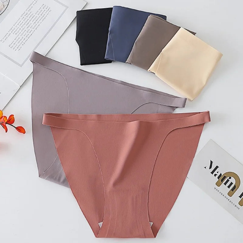 4Pcs/Set Ice Silk Bikini Panties Women Sexy Briefs Low Rise Underwear Seamless Underpants Solid Color Ultra-thin Lingerie M-XL