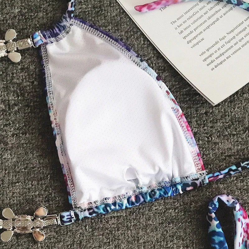 Halter Leopard Diamond Bikini Women Bandeau Swimsuit Female Swimwear Two Pieces Bikini Set Hollow Out Bather Bathing Suit Swim
