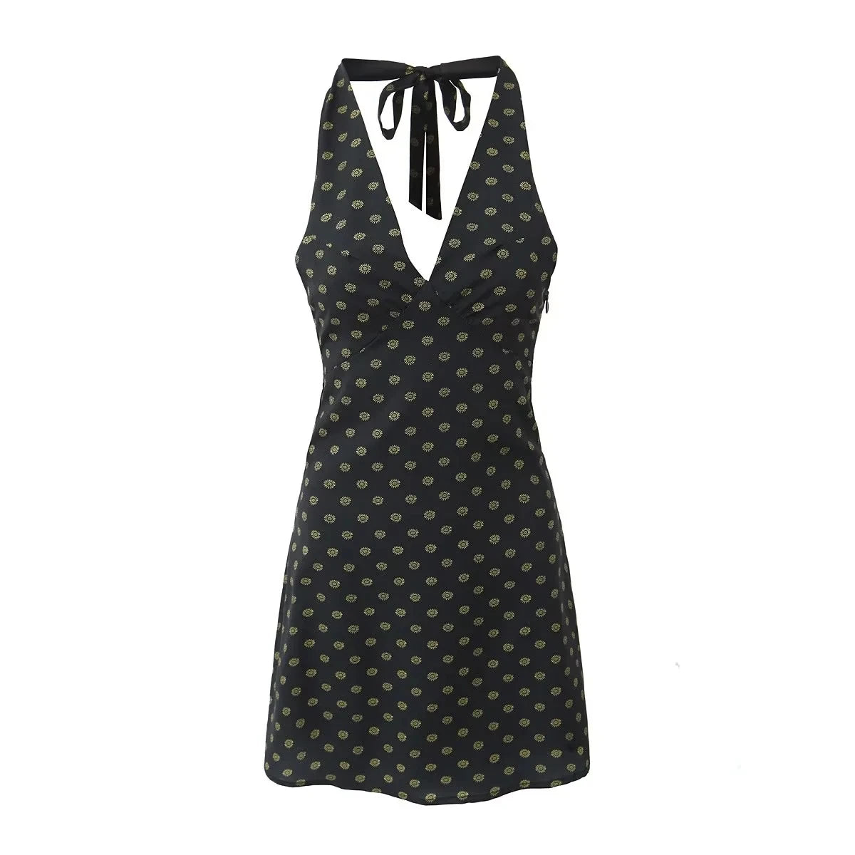 V Neck French Style Summer Women Dress Printed Boho Short Black Beach Dress Party Vintage Backless Tie Up Sexy Halter Dress 2025