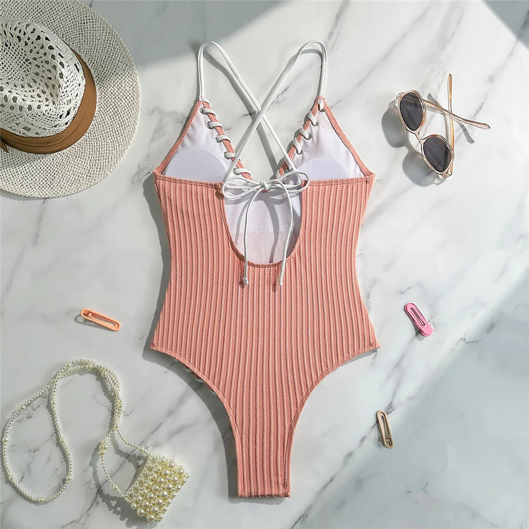 5 Colors V Neck Ribbed Cross Back One Piece Swimsuit Women Swimwear Female High Leg Cut MonokiniBather Bathing Suit Swim V6278