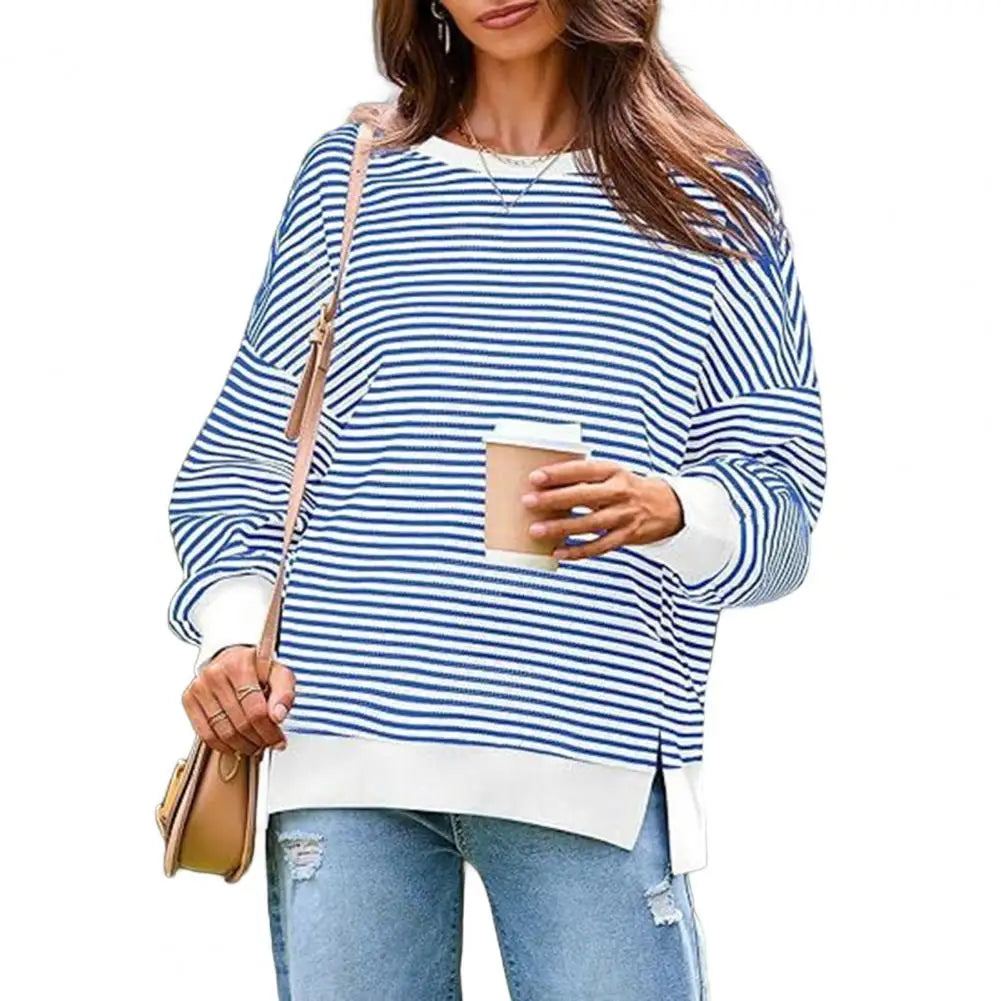 Long Sleeve Crewneck T-Shirt Split Hem Women Striped Oversized Sweatshirt Waffle Knitted Tunic Top Casual Women Sweater