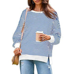 Long Sleeve Crewneck T-Shirt Split Hem Women Striped Oversized Sweatshirt Waffle Knitted Tunic Top Casual Women Sweater