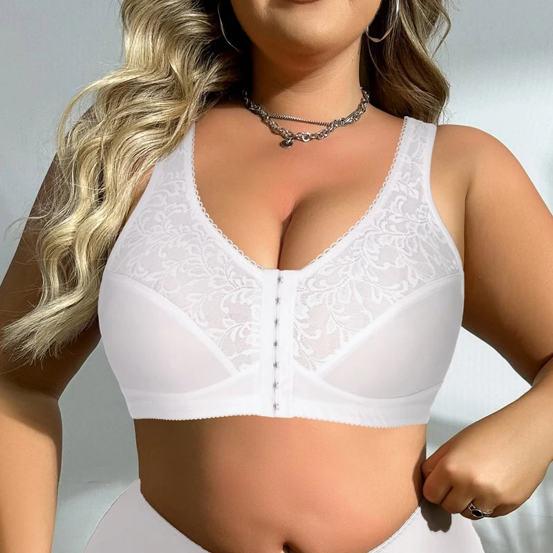 Plus Size Women Front Closure Floral Lace Bra Wireless Full Coverage Support Comfort Shape Vest Brassiere
