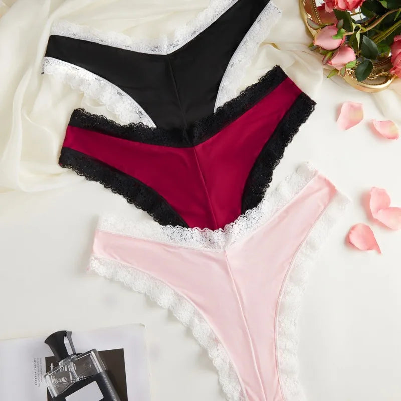3pcs/Set Women's Low-Rise Triangle Panties French Lace Patchwork 2-Color Briefs Thin Gusset Chic Delicate Intimate Underwear