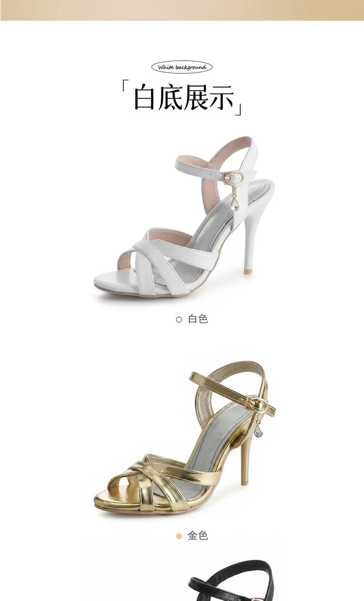 2026 Summer New Women's Metallic High Heel Sandals Ankle Strap Crystal Buckle Stiletto Heels Sexy Party Wedding Prom Dress Shoes