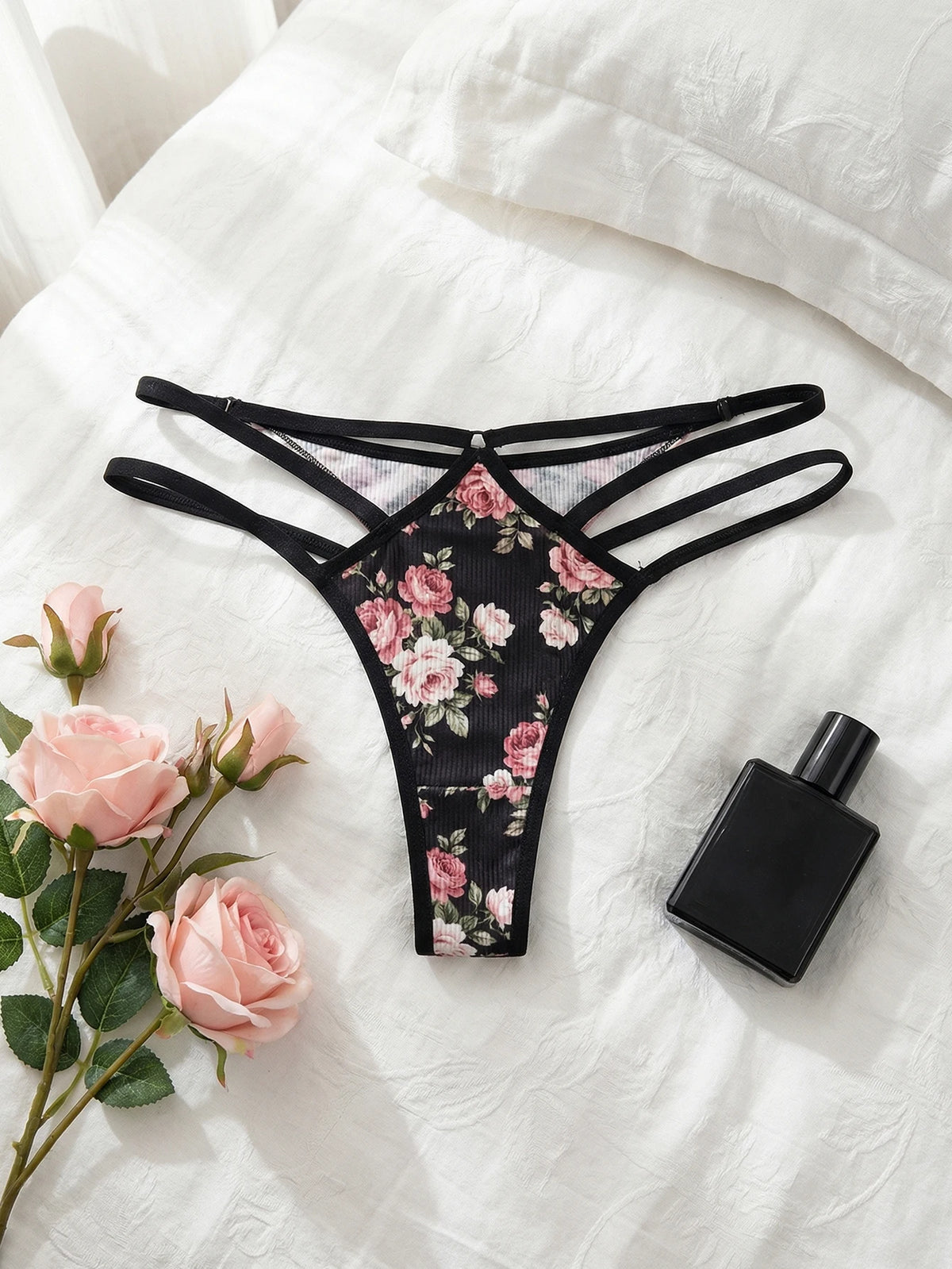 5 Pcs Sexy Women Seamless Thong Rose Print G-string Invisible Under Tight Clothing Panty Comfortable T-back C890