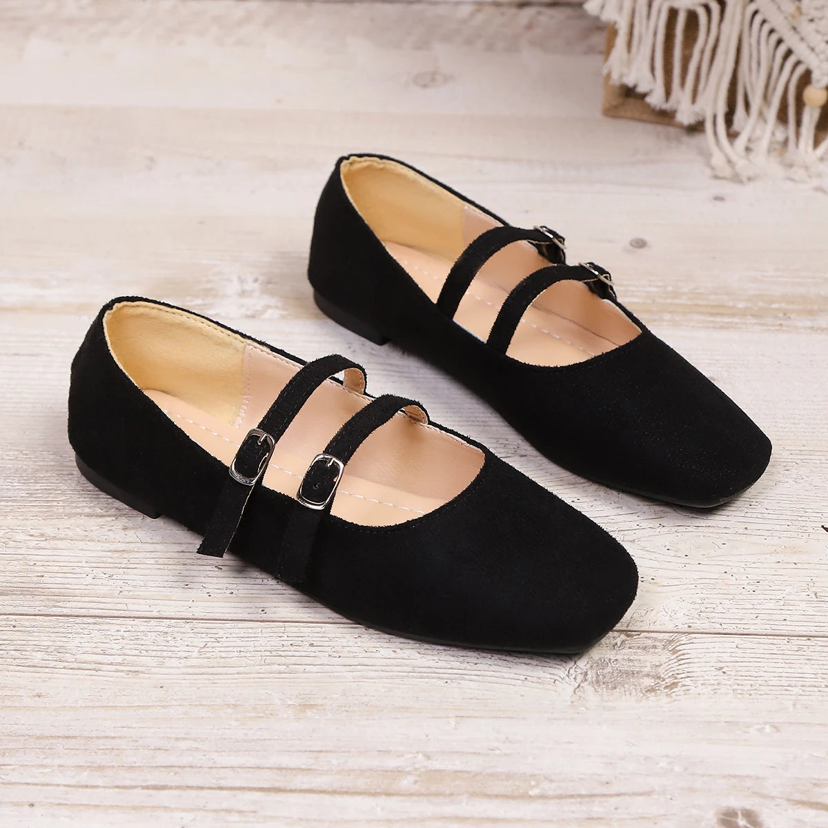 Women Suede Square Toe Double Strap Mary Jane Flats Buckle Slip‑On Soft Flat Shoes Large Size Casual Office Ladies Shoes
