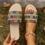 Fashion Tweed Cloth Flats Slippers Women 2025 String Bead Plus Size 36-43 Summer Sandals Woman Lightweight Outdoor Slides Female