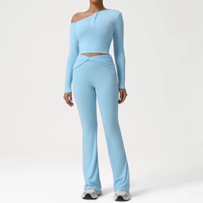 2 Pieces Women's Seamless Yoga Set Long-sleeved Shirt Flared-pants Tracksuit Running Fitness Sports Set Slim-fit High Waist Suit