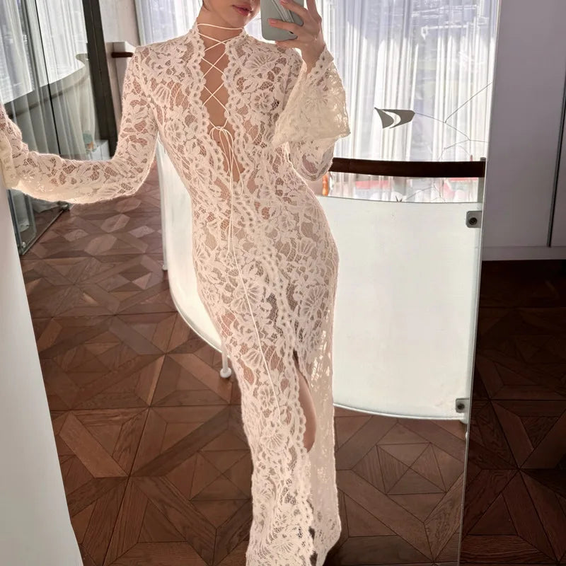 Woman Dress Clothing V-neck White Lace Dress 2025 Vestidos Para Mujer Fall Lace-up High Slit Slim LongEvening Party Dresses