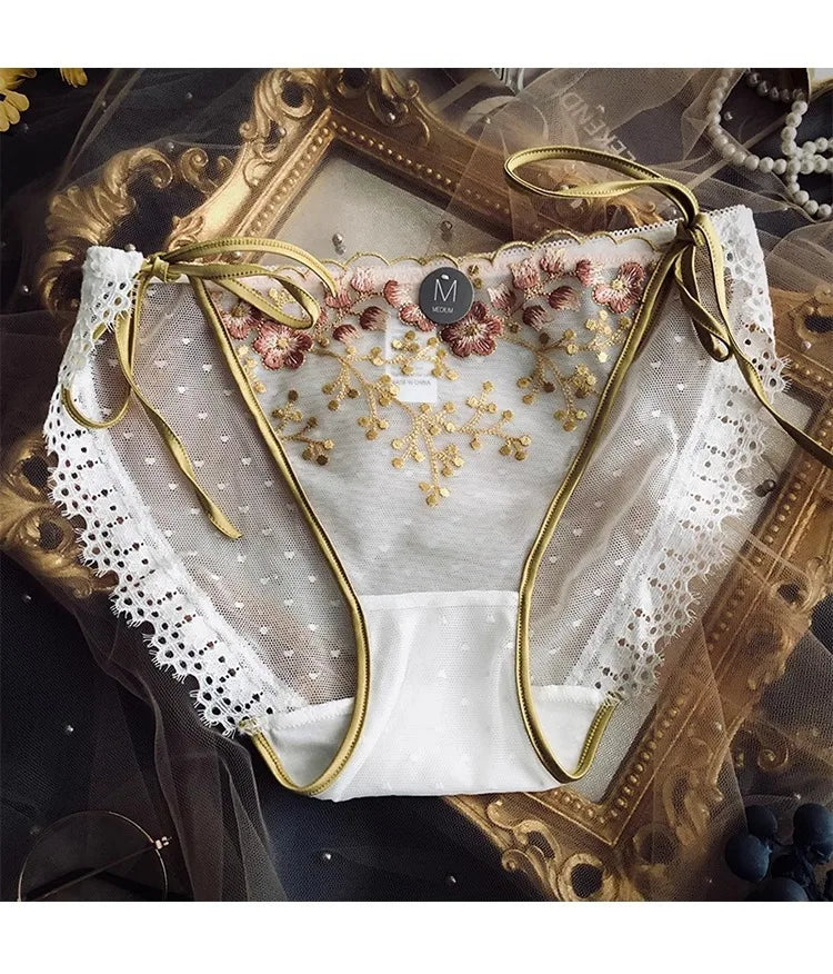 Lace-up Briefs Transparent Lace Panties Women Lingerie Sexy Underwear Low Waist Ropa Mujer Floral Embroidery Lenceria Femenina