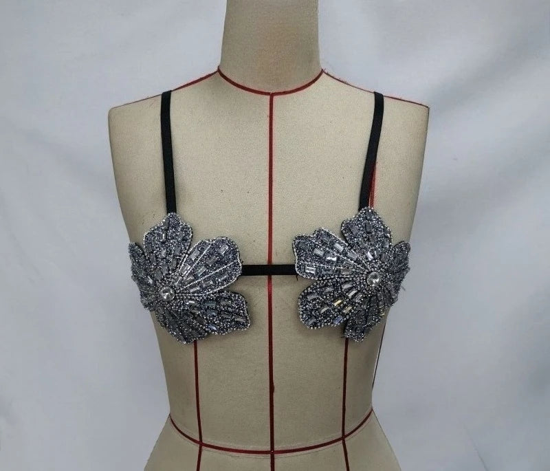 YOUR BUMP CURVE Handmade crystal bra flower embroidery inlaid metal rhinestones short top sexy women beach pool yacht sea party