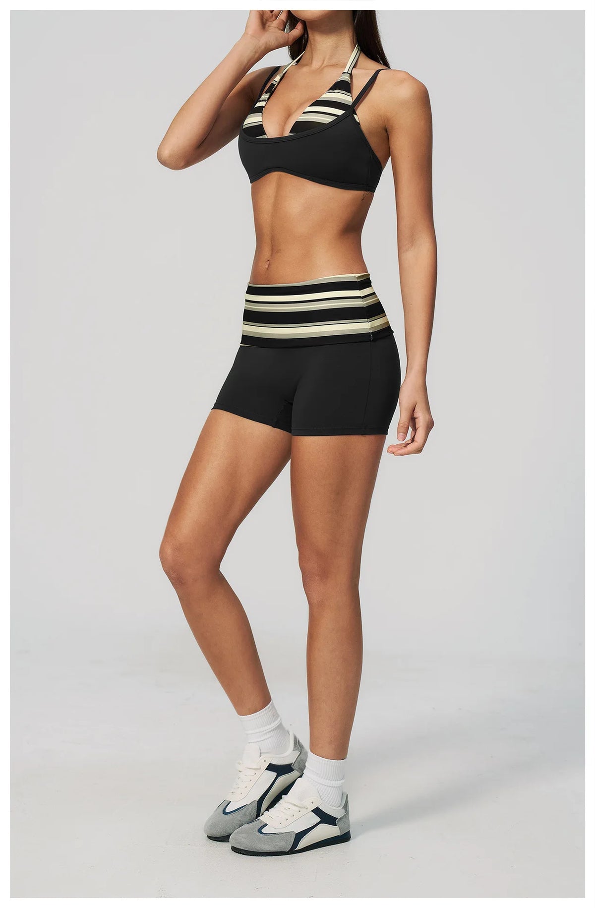 Breathable Striped Patchwork Yoga Clothing Women Fake Two-piece Sports Bra Folding High Waist Shorts Gym Running Fitness Suit