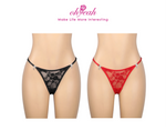 Black Lace Mesh Panty for Women See Through Adjustable Waistband Rhinestone Bow Decorative Buttons Plus Size Thong Underwear