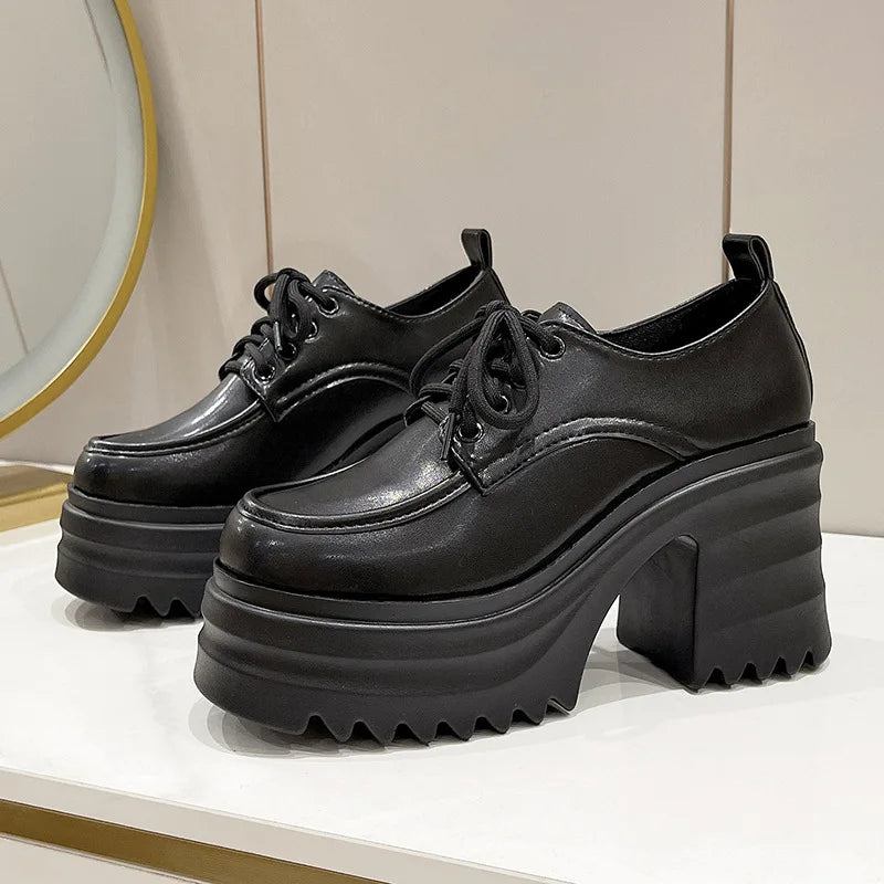 Spring Women Pumps Black Loafers Chunky 10CM High Heels High Platform British Autumn Ladies Thick Bottoms Shoes 2026 New