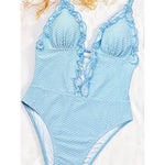 Deep V Neck Frilled Ruffled Halter Women Swimwear One Piece Swimsuit Female Monokini High Leg Cut Bather Bathing Suit Swim V8055