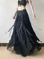 Y2K Lace Mesh Long Skirt Women Harajuku Vintage Patchwork Bandage Black Skirts Gothic Aesthetic High Waist Chic Long Skirts ODU6