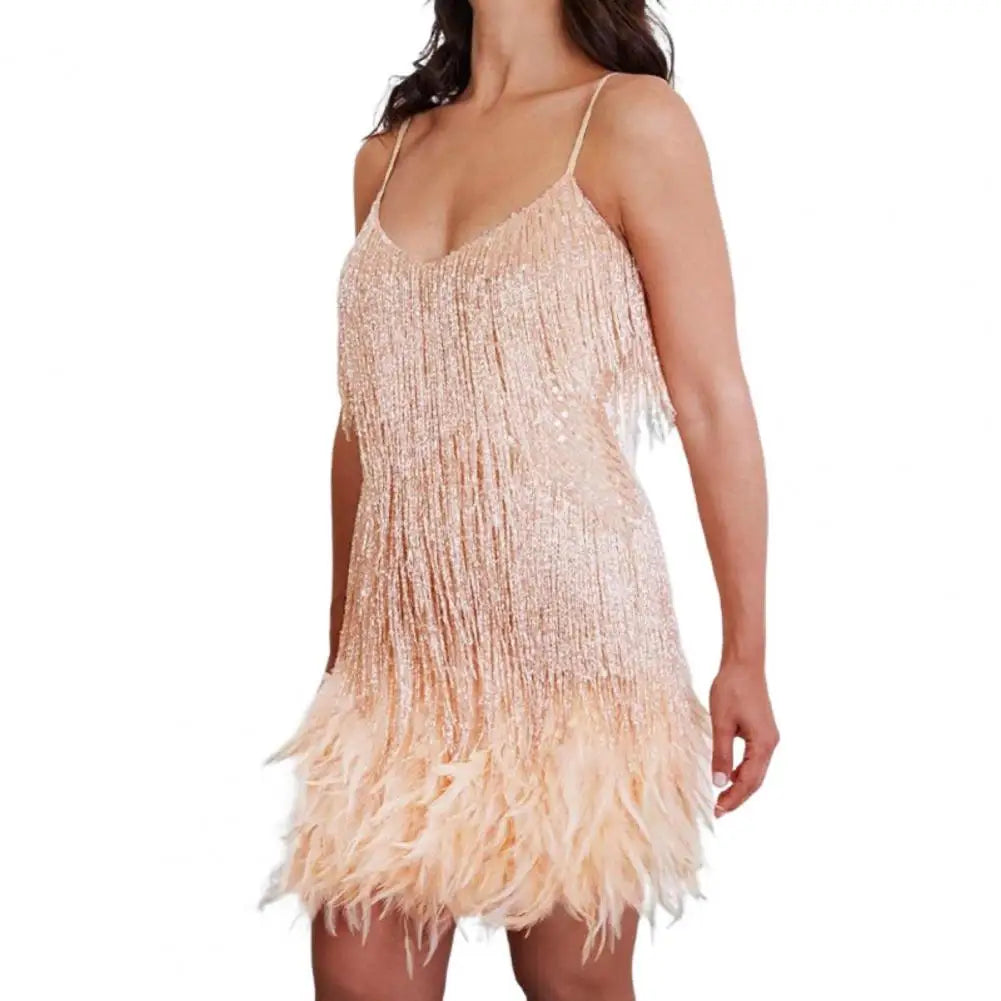 Mini Club Party Dress Women Dress Tassel Sequin Sleeveless Backless V Neck Feather Decor Loose Rumba Cha-cha Dance Costume