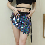 Womens Iridescent Sequin Mini Skirt Tie Waist Asymmetrical Hem Bodycon Skirt Shiny Sparkle Bottoms For Beach Cover Up Party Rave