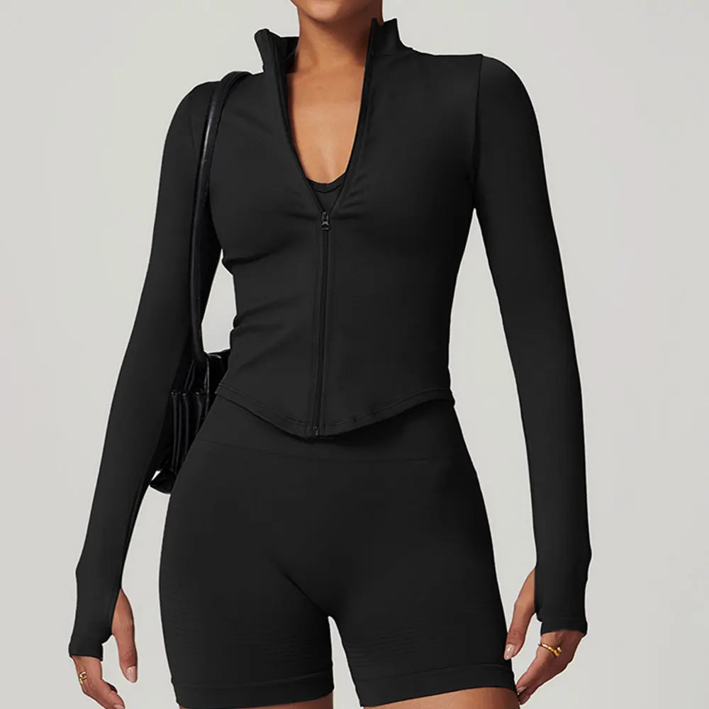 Zipper Jacket Women Crop Tops Yoga T-shirts Solid Sports Top Long Sleeve Running Shirts Sexy Quick Dry Fitness Gym Sport Wear