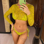 S- XXL Leopard Printed Long Sleeve Bikini Women Swimwear Female Swimsuit Three-Pieces Bikini Set Bather Bathing Suit Swim V3193Y