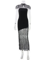 Ahagaga Fashion Women's Maxi Dresses Lace Patchwork Sexy Sheer Split Bodycon Slim Fit Turtleneck Sheath Female Party Vestidos