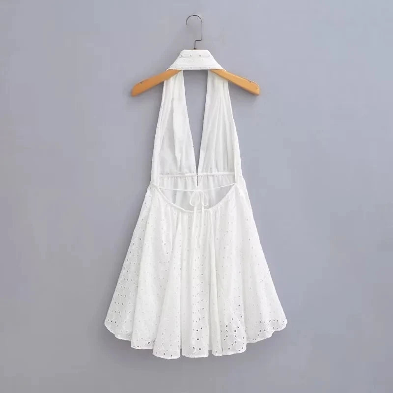 Foridol White Beach Summer Dress Women Backless Cotton Lace Short Autumn Sundress Women Clothing Halter A-line Pleated Dress