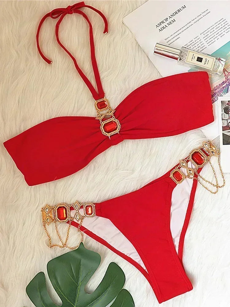 Halter Crystal Rhinestone Diamond Bikini 2026 Female Swimsuit Women Swimwear Two Pieces Bikini set Brazilian Bathing Suit Swim