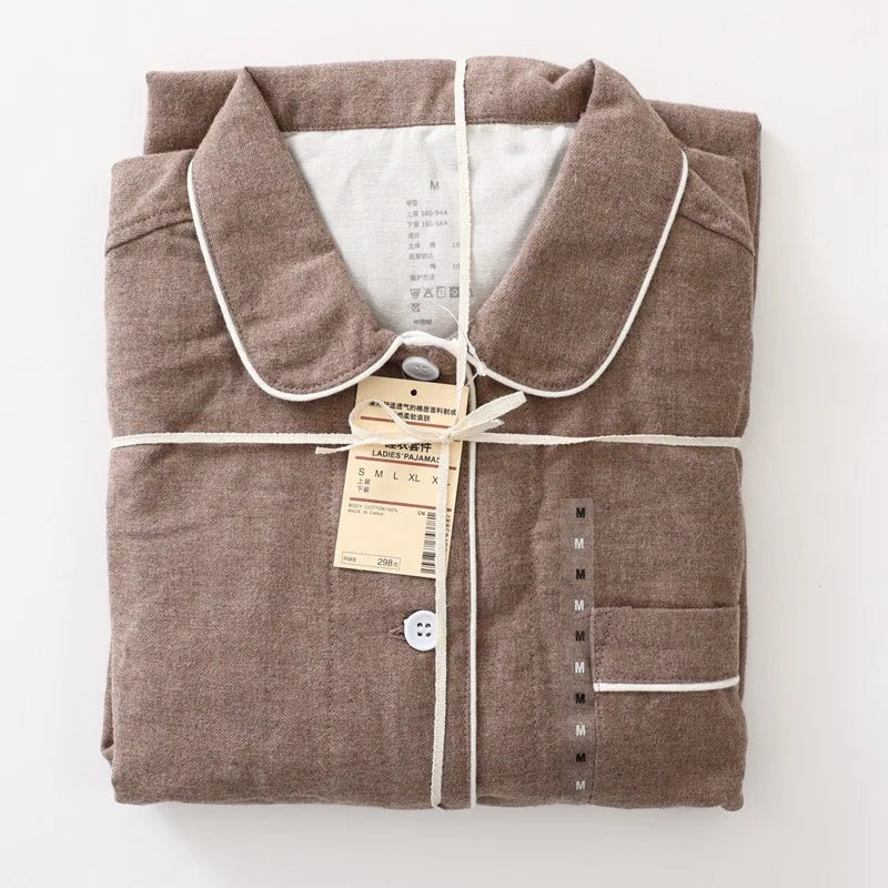 Men Brushed Cotton Vintage Plaid Stripe Pajama Set Lapel Collar Long Sleeve Top Pants Home Sleepwear Loungewear