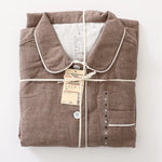 Men Brushed Cotton Vintage Plaid Stripe Pajama Set Lapel Collar Long Sleeve Top Pants Home Sleepwear Loungewear