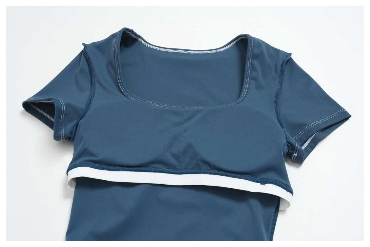 2PC Color Contrast Yoga Suit Women Short Sleeve Square Collar Slim Sports Top Fitness Suits Outdoor Exercise Leggings Tracksuit