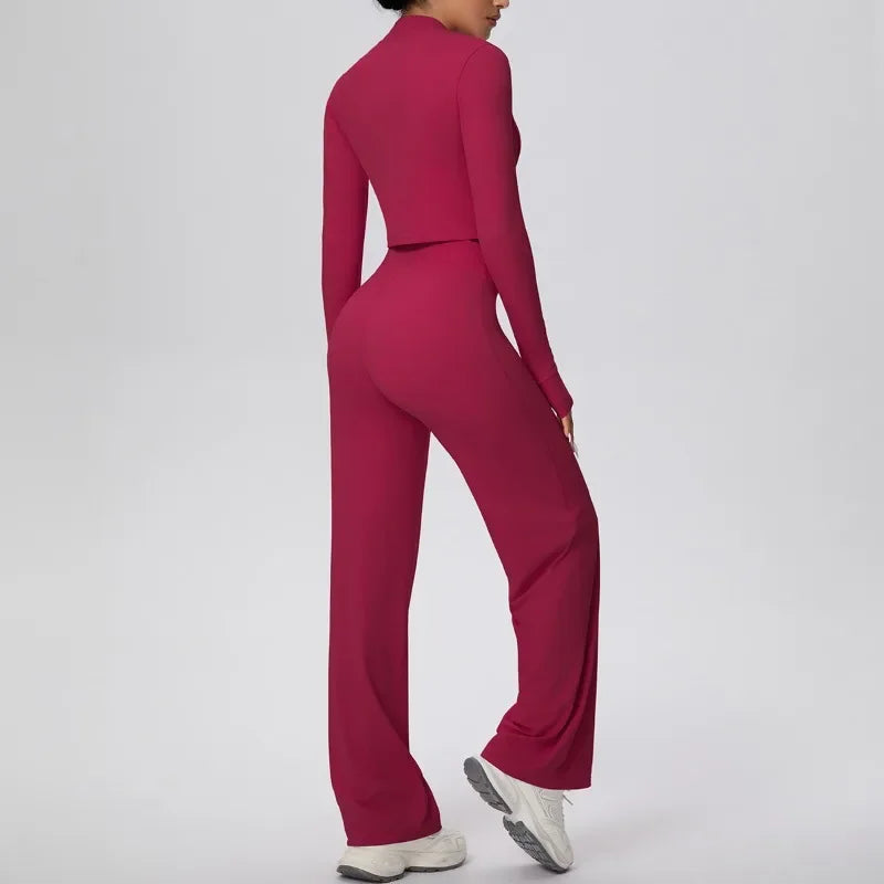 2 Pcs Women's Seamless Yoga Set Long-sleeved Wide-leg Pants Tracksuit Fitness Sports Set High-waisted Hip-lifting Slim-fit Suit