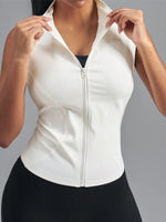 Women Zipper Yoga Shirts Solid Stand Up Collar Elastic Slim Fit Sports Jacket Breathable Sleeveless Sunscreen Workout Clothes