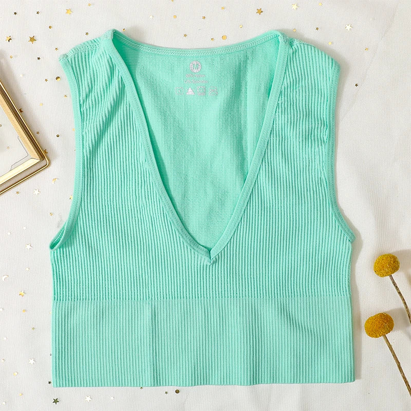 Women Crop Top Sports Bras Sexy Tank Top Female Seamless Underwear V-Neck Camisole Sexy Lingerie Solid Color Vest Top M-XL