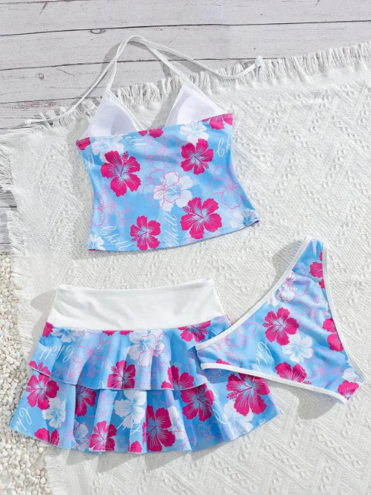 Vintage Green Floral Print Bikini Set 2026 Women Drawstring Pleate Skirt 3 Piece Swimsuit Beach Holiday Bathing Suit Swimwear