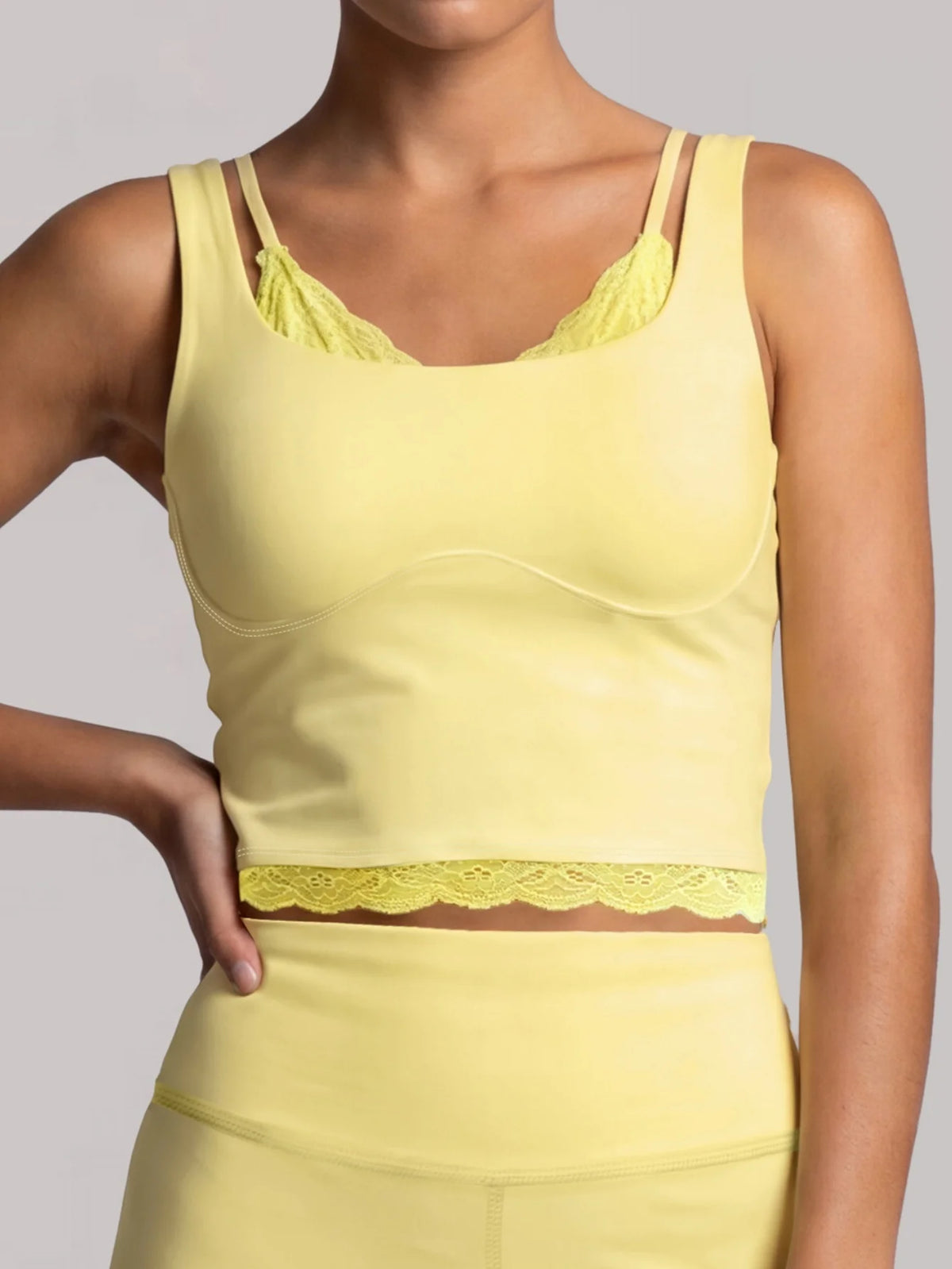 Sexy Fake Two-piece Yoga Tank Top Naked Feel Lace Trim V Neck High Stretch with Bra Pads Gym Running Fitness Dance Tank Top