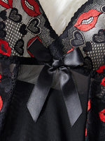 Hot Red Lips Lace Contrasting Sexy Babydoll Dress Mesh Slimming Erotic Lingerie With Thongs Sex Night Costumes