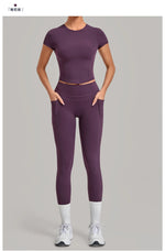Women Tracksuit Yoga Sets Short Sleeve Slim Sports T Shirts Workout Clothes Outdoor Tight High Waist Pocket Pants Fitness Suits