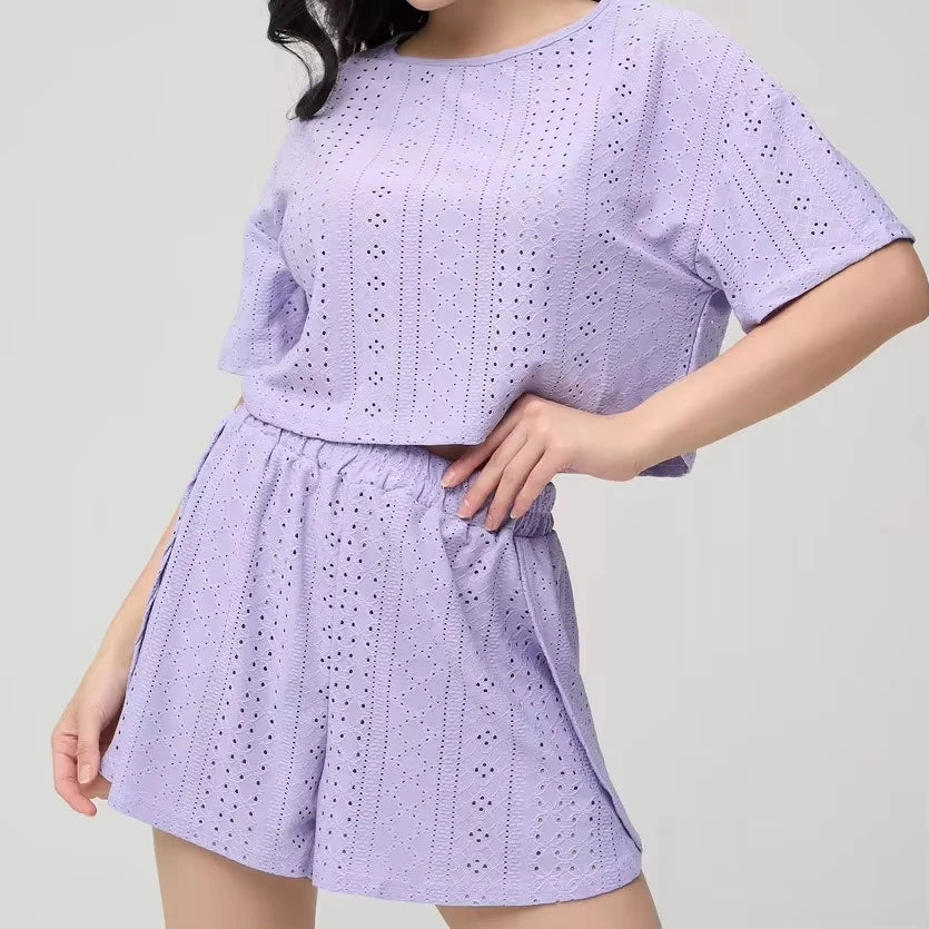 2025 New Womens Hollow Out Eyelet Two Piece Shorts Set Short Sleeve Crop Top Side Slit Shorts Summer Casual Loungewear Tracksuit